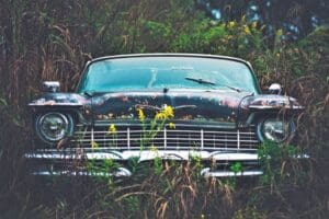 An old car left in an overgrown forest before an abandoned vehicle removal service is performed.