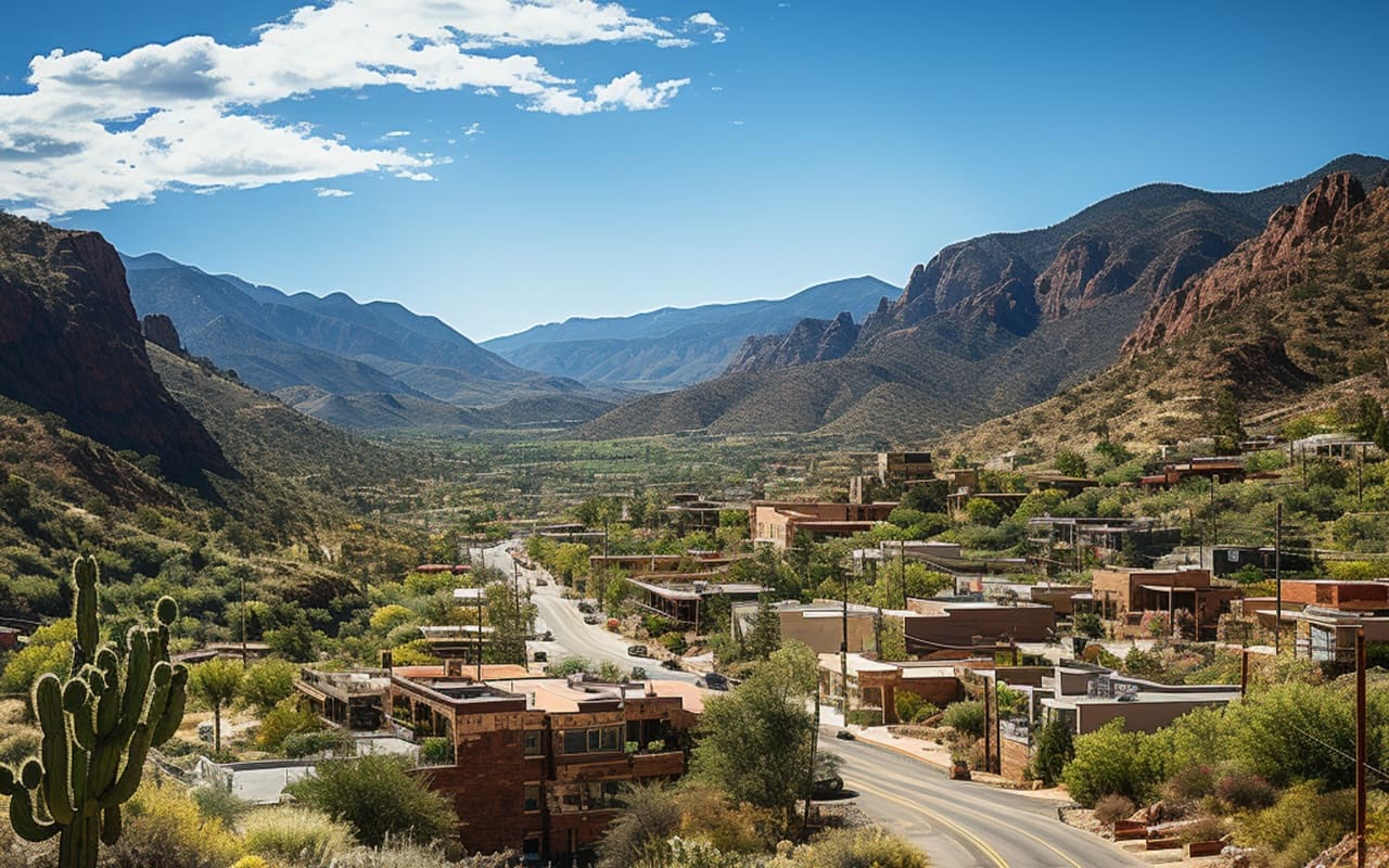 Panoramic valley highway road view of Black Canyon City Arizona mountain terrain